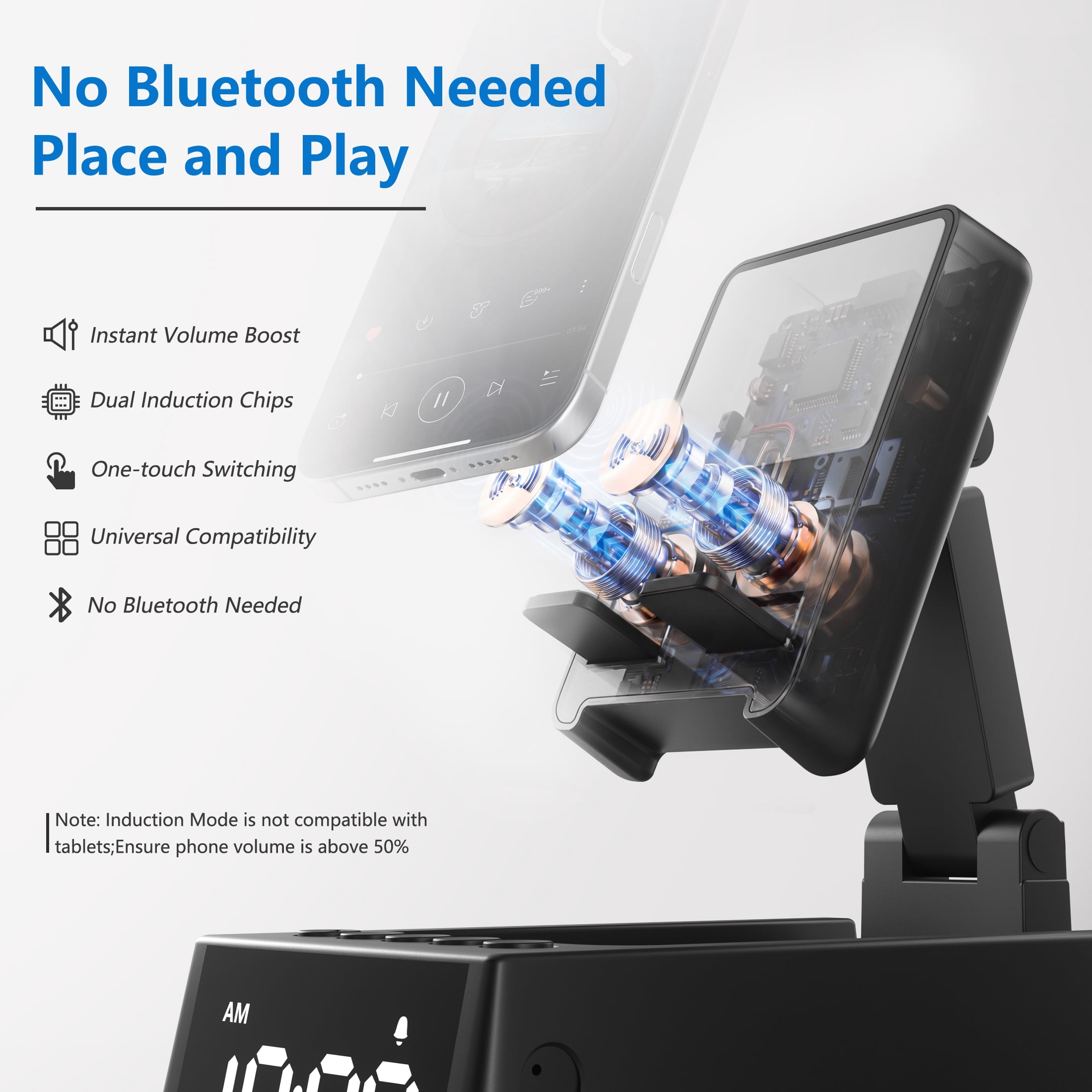 Wireless Induction Bluetooth Speaker, 5-in-1 Cell Phone Stand with Stereo Sound and Rechargeable RGB Light, Adjustable Holder for IPhone Android, Tech Gadget Gifts for Men Women