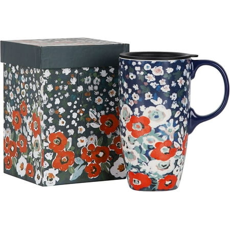 

17 Oz. Ceramic Travel Mug Coffee Cup with Color Gift Box Red Flower