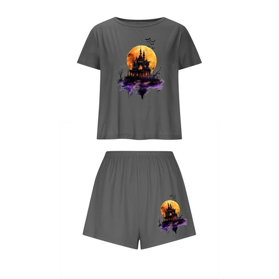 Tnhcen Women's Halloween Milk Silk Pajama Set Short Sleeve Round Neck Sporty Sleepwear Comfortable Loungewear S-XL Multiple Colors Available Gray