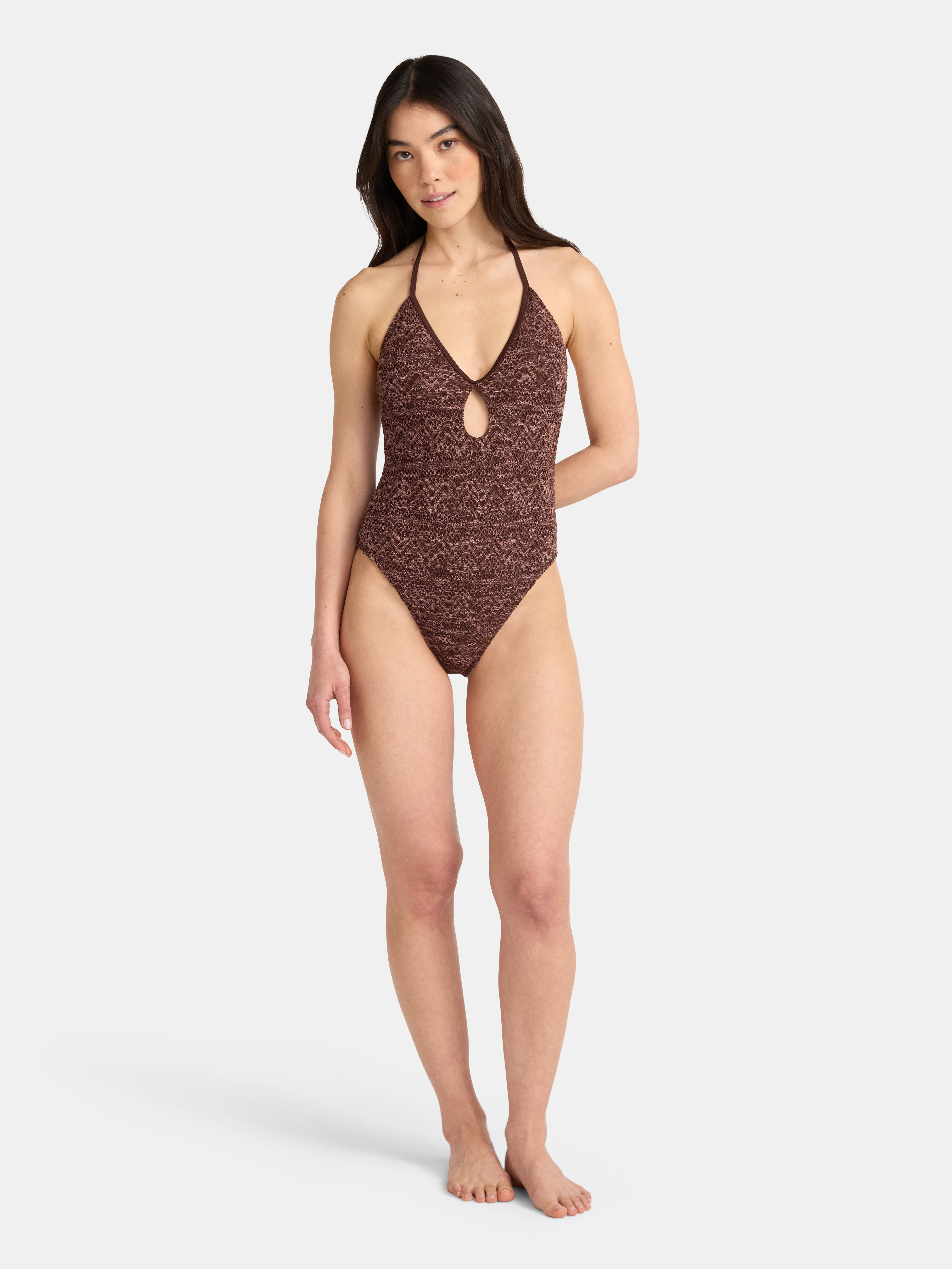 No Boundaries Warm Chocolate Crochet One Piece Swimsuit, Women's