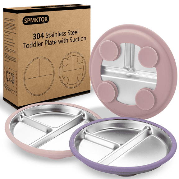 SPMKTQK 3Pack Stainless Steel Kids Plates, 8.1" Divided Kids Plate with Removable Silicone Suction Sleeves for Baby Highchairs, Non Toxic BPA Free Non-Slip Unbreakable Snack Lunch Plates