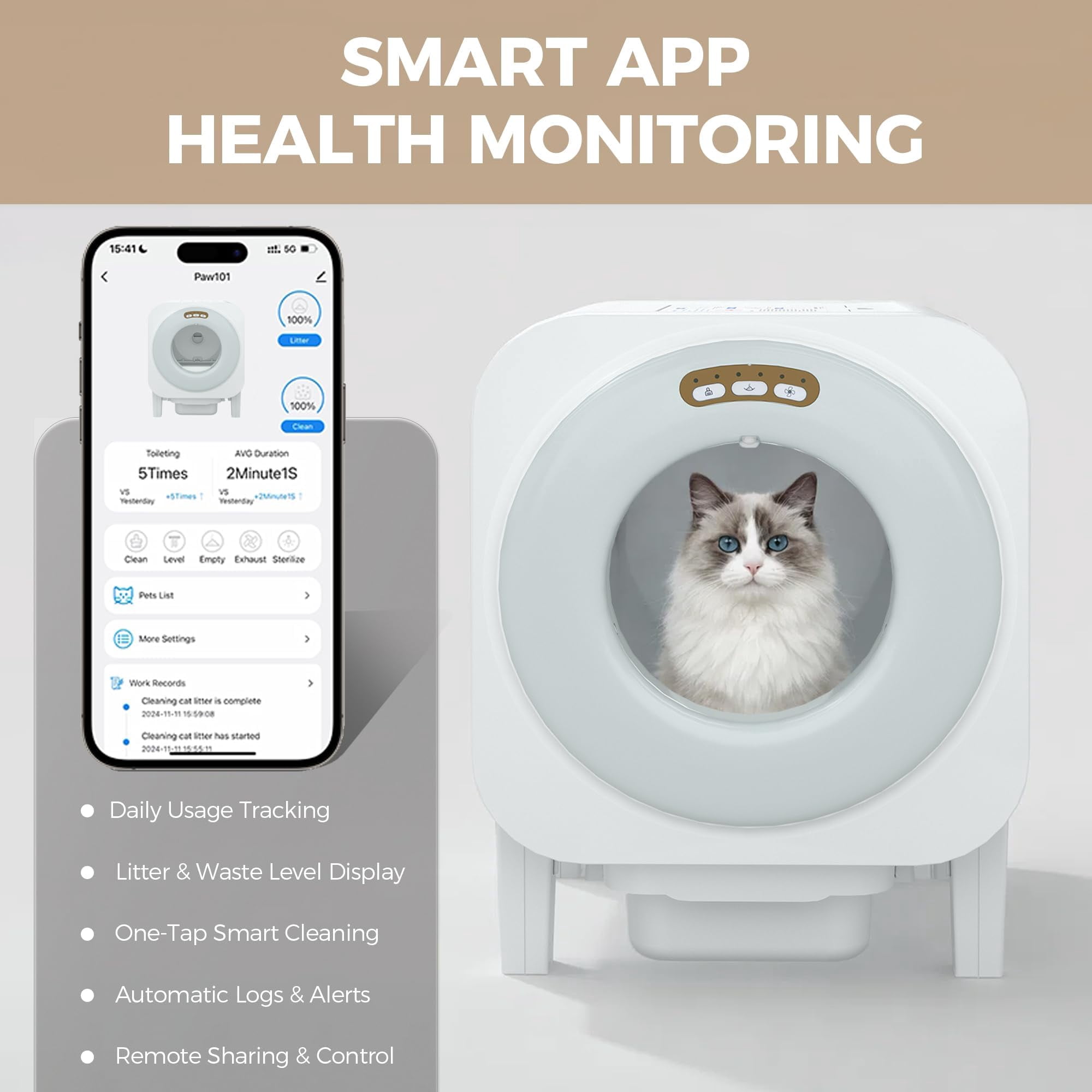 Self-Cleaning Cat Litter Box, Automatic Smart Pet Litter Box, Large Capacity for Multiple Cats, WiFi-Enabled App Control with Safety Sensors w/Garage Bags