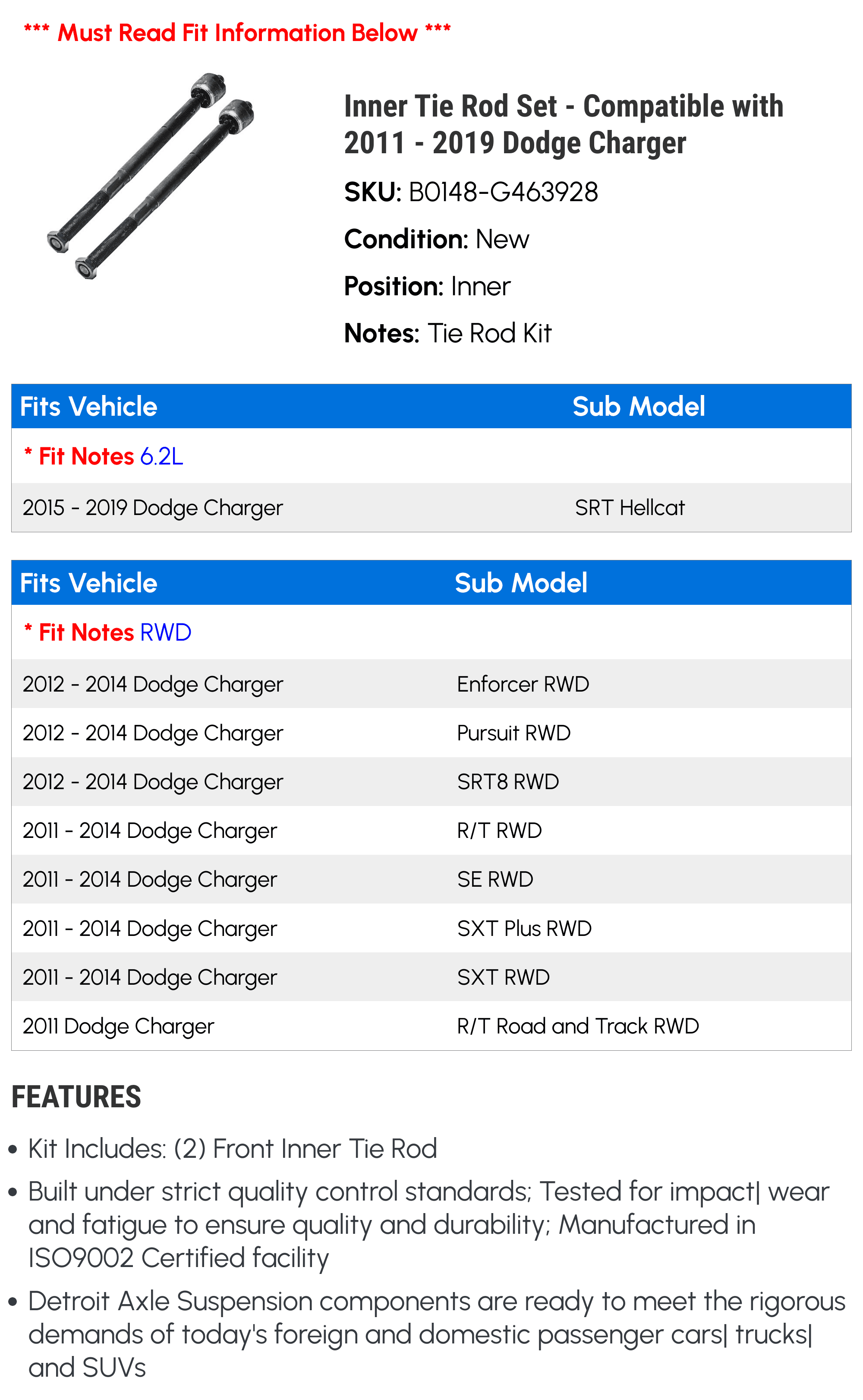 Inner Tie Rod Set - Compatible with 2011 - 2019 Dodge Charger 2012 2013 2014 2015 2016 2017 2018