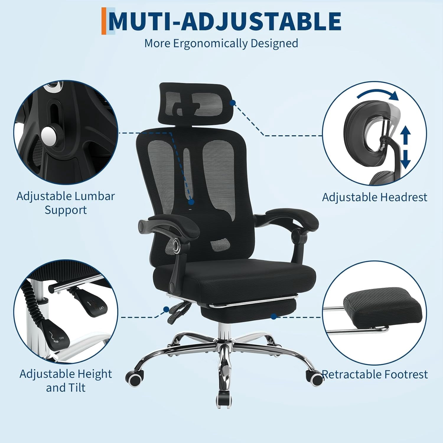 Ergonomic Mesh Office Chair with Retractable Footrest Executive High Back Computer Desk Chair with Adjustable Headrest & Lumbar Support for Home Office or Bedroom