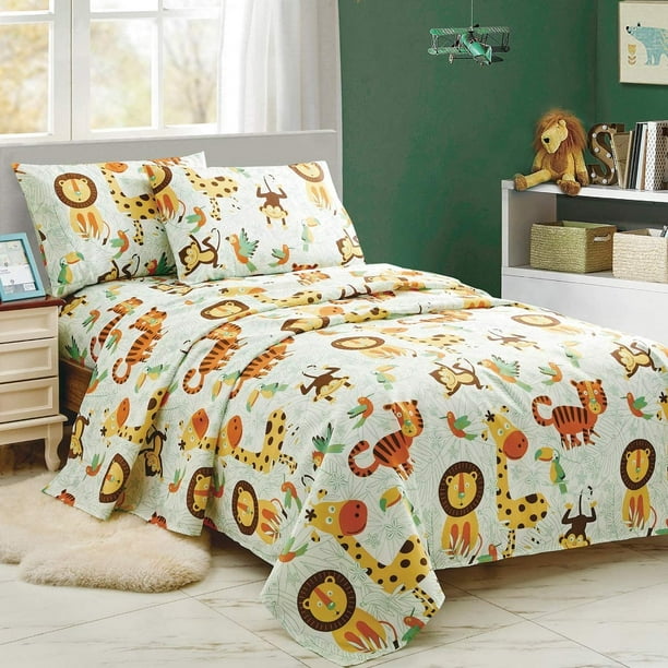 WPM Kids Collection Bedding 3 Piece White Green Safari Forest Jungle Twin Size Sheet Set with