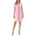 thumbnail image 2 of INSPIRE CHIC Women's Casual Knee Length Dress Long Sleeve V Neck Pleated Flowy Loose Shirt Dress S Pink, 2 of 6