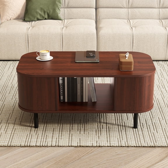 39" Living Room Coffee Table with Open Storage Shelf & Side Cabinets,Walnut