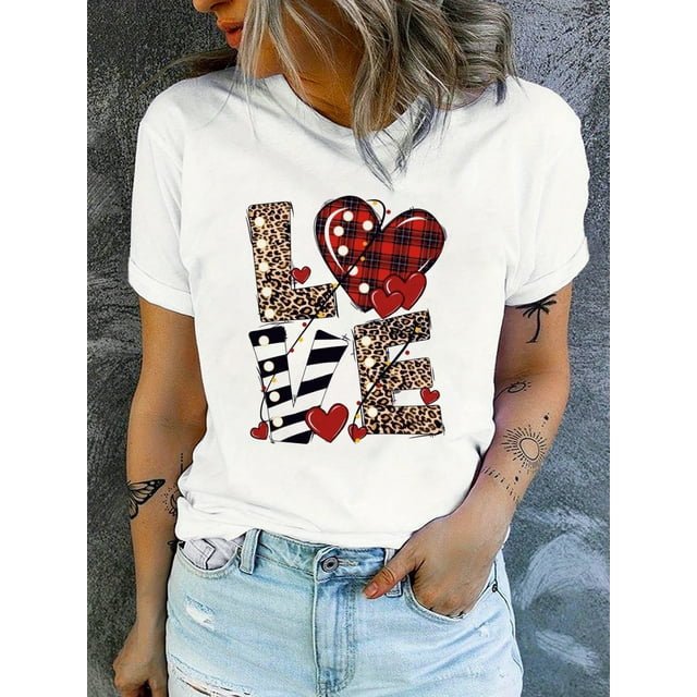 Women's Casual Fashion T-Shirt - Love & Leopard Print, Short Sleeve, Round Neck,Machine Washable - Stylish Valentine's Day Graphic Tee, Everyday Fashion|Trendy Casual Style|Machine Washable Top