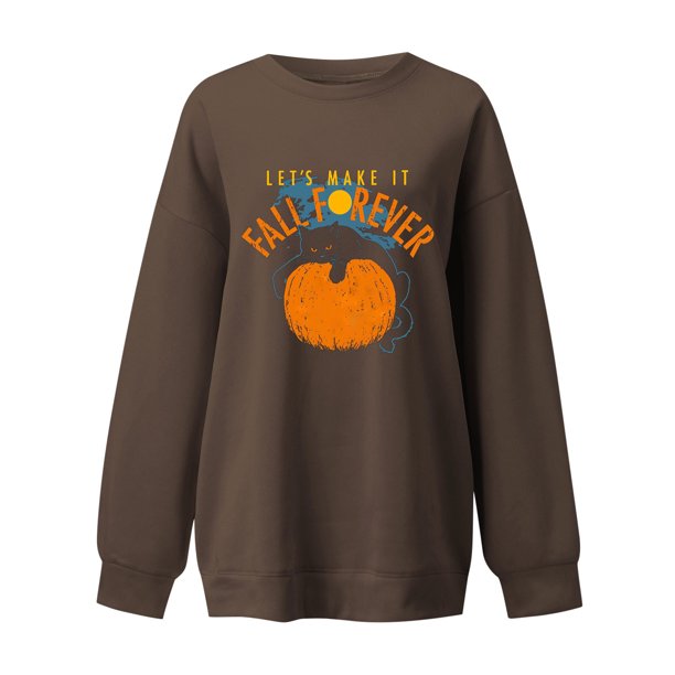 Señoras moda Halloween divertido gato melón estampado cuello redondo espesar sudadera manga larga Top Fridja fjkfkj5943