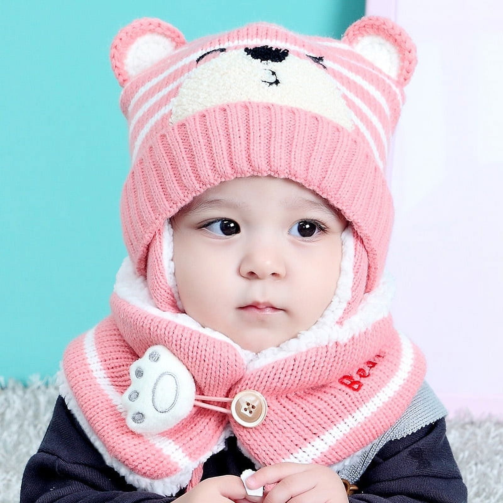Bebe Hiver Tricote Cache Oreille Bonnet Echarpe Ensemble Enfants Cartoon Ours Chapeau Nouvelle Mode
