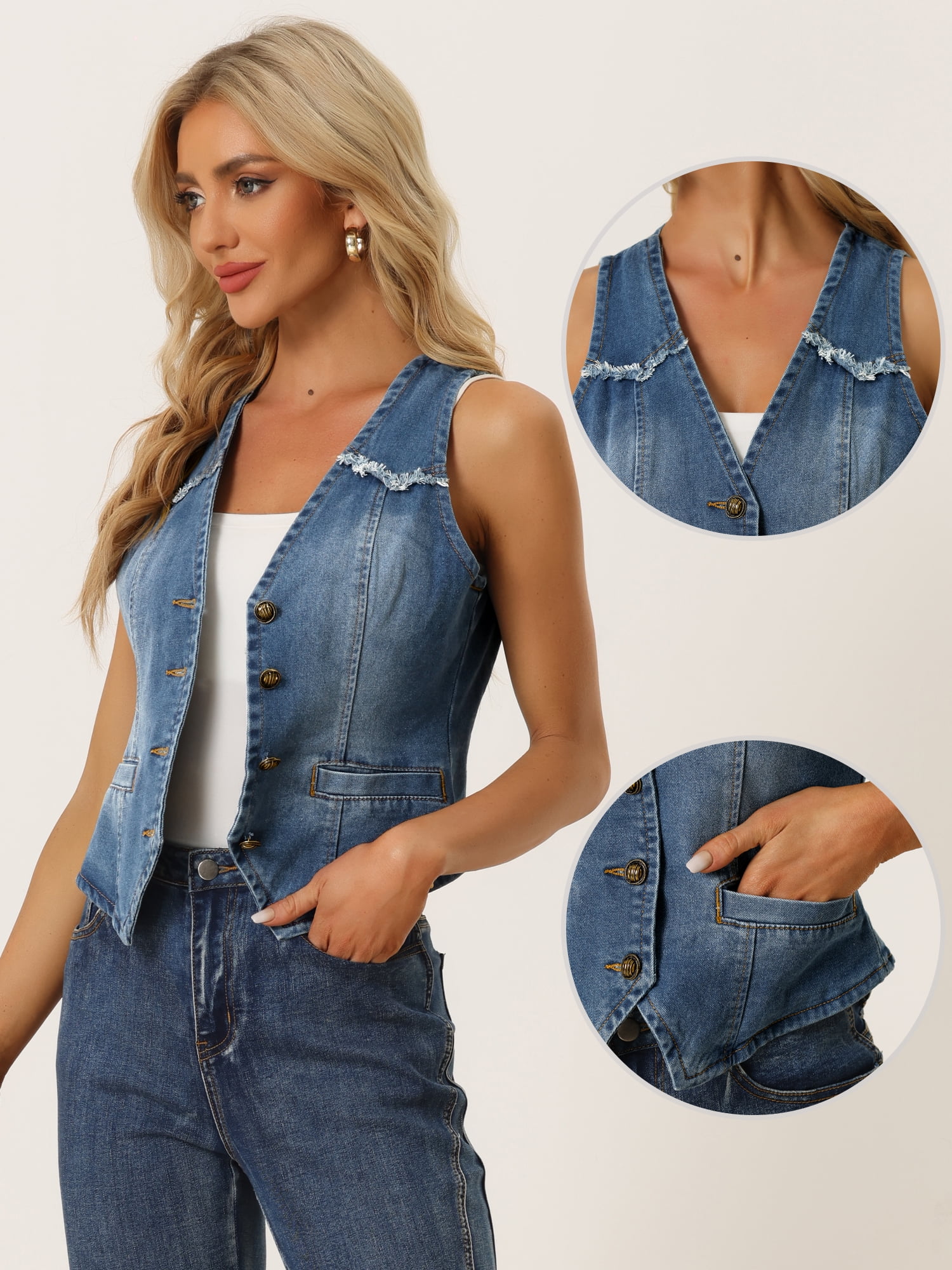DARING DIVA Women's Denim Vest Washed Distressed Jean Jacket S Sky Blue