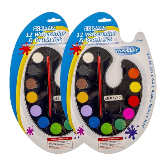 BAZIC Watercolor w/ Brush, 12 Colors Non-Toxic Paint Set, 2-Packs