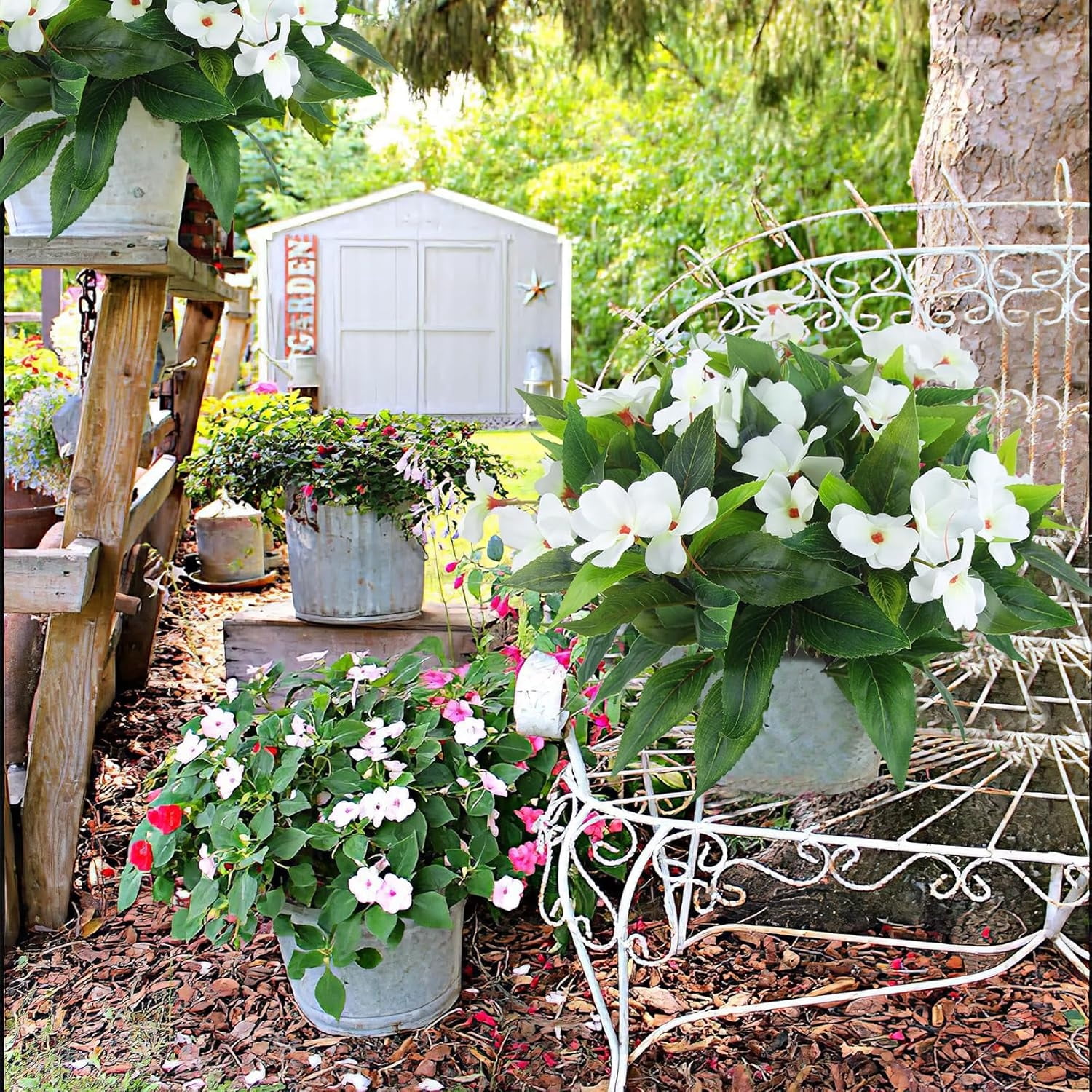 Artificial Fake Flowers Topboutique Faux Impatiens Bouquet Flowers Fake Flowers for Outdoor Faux Bouquet for Flower Arrangement Apply to Home & Office Decor, 4 Pcs, White