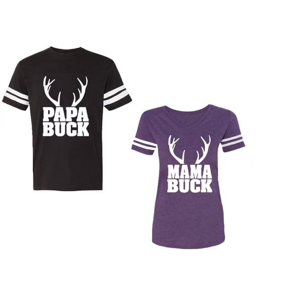 Papa Mama Buck Unisex Couple Matching Cotton Jersey style T-Shirt Contrasting stripes on sleeves (Men Black / Women Purple) (Men S / Women S)