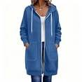 thumbnail image 4 of Xaqiouau Womens Solid Color Athleisure Coat Polyester Blend Relaxed Full Zip Drawstring Hooded Longline Sweatshirt Stitched Exterior Pocket Fall Winter Outerwear Blue L, 4 of 7