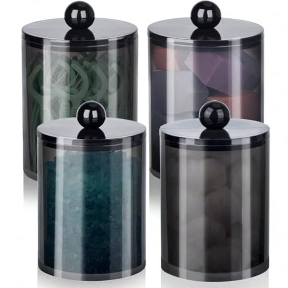 4 Pack Qtip HolderCanister Apothecary Jar Set Bathroom Jars with Lids Set for Cotton Swabs Balls Pads Floss Picks 10oz-12oz Plastic Canisters Restroom Bedroom Vanity Organizer Black