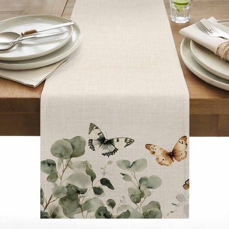 Butterfly Leaf Cotton Linen Table Runner Watercolor Leaves Dining Table Runners for Home Decor Party Dining Room Restaurant Kitchen 13 x 90