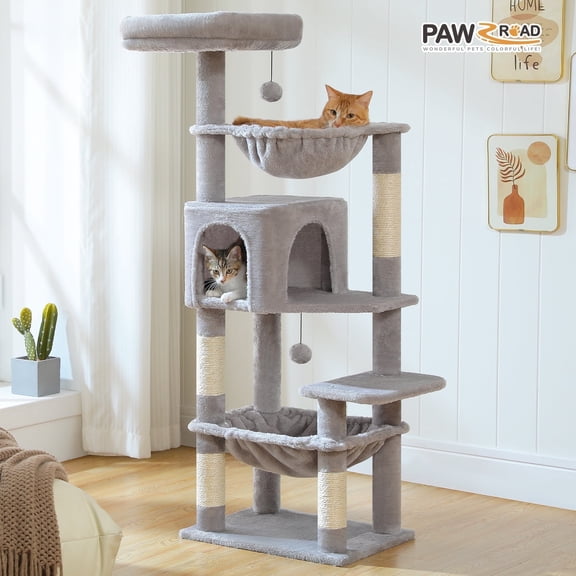 PAWZ Road 49 in Cat Tree for Medium Cats, Multi Level Tower with Two Hammocks, Condo and 4 Sisal Scratching Posts, Gray