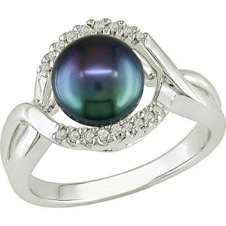 Asteria 7.5-8mm Black Freshwater Cultured Pearl with Diamond Accent Ring in Sterling Silver