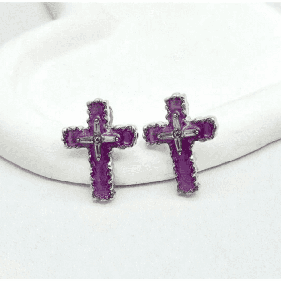 Clip on 1 1/4" silver and purple stone button style cross earrings