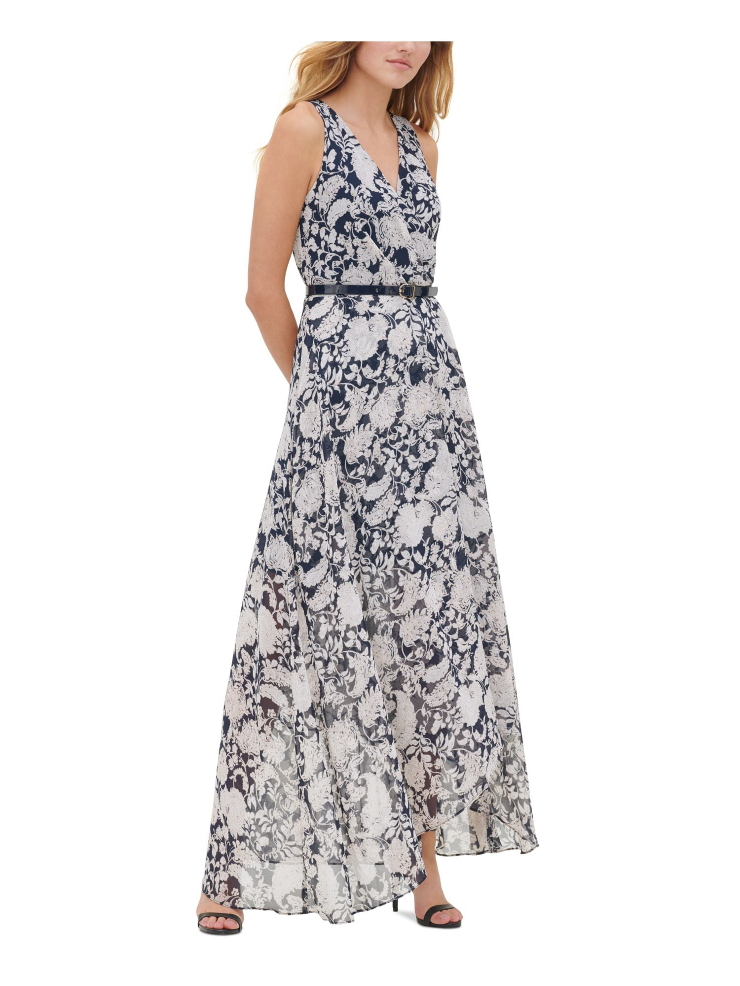 TOMMY HILFIGER Womens Navy Belted 6 Surplice Neckline Lined Floral Dress Maxi Evening Zippered Sleeveless