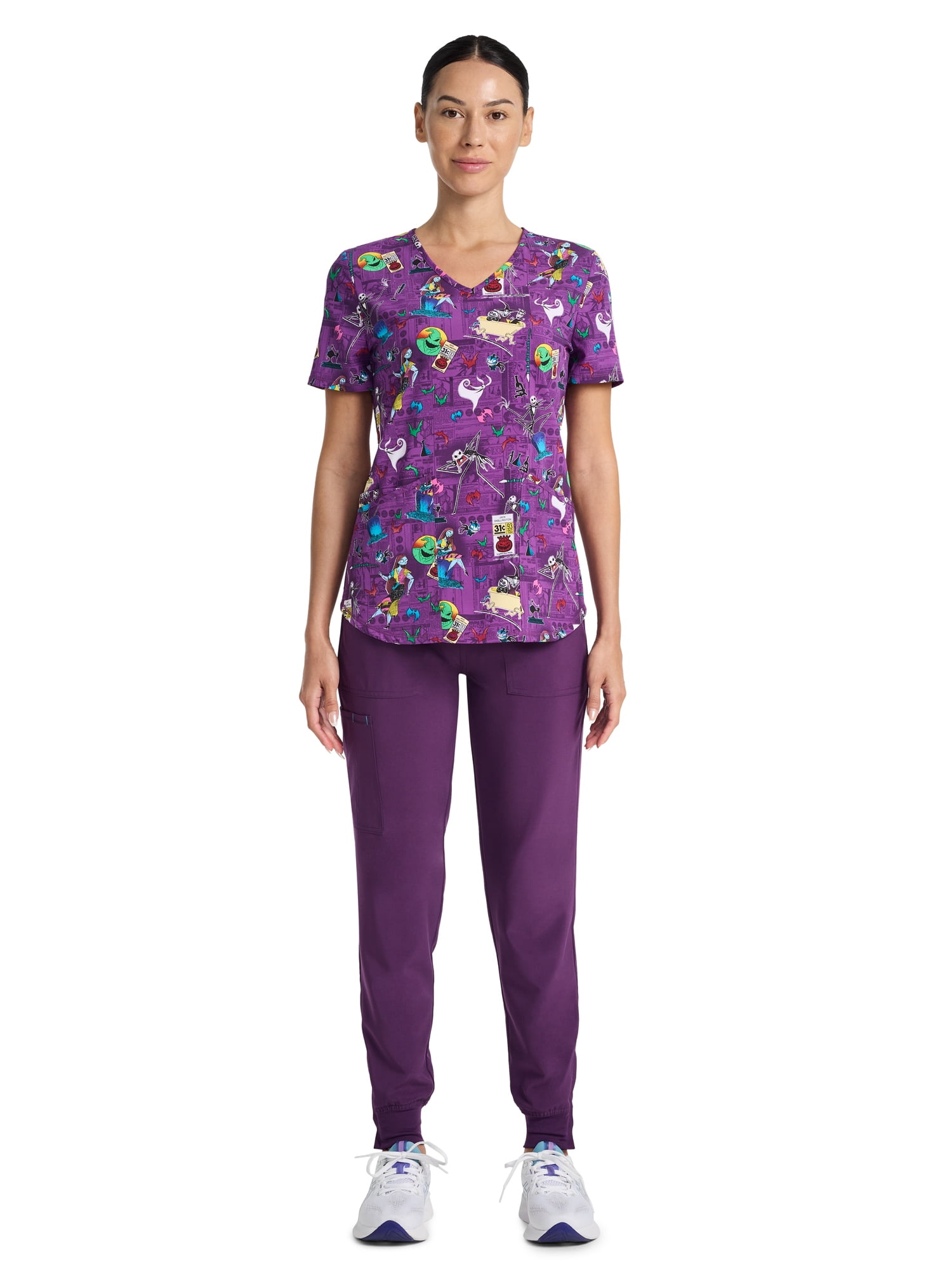 Disney The Nightmare Before Christmas Skellington Women's V-Neck Print Scrub Top, Sizes XS-3XL