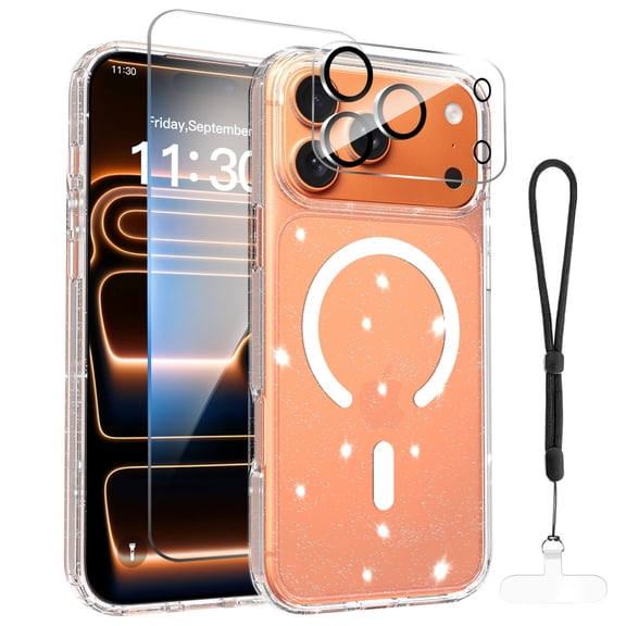 Allytechgroup Glitter Bling Case for Apple iPhone 17 Pro Max with Screen Protector, Camera Lens Protector, Hand Strap, [Compatible with Magsafe] Hard PC Phone Case Cover for Women Girls, Clear