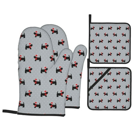 

Oven Mitts and Pot Holders Sets 4 pcs - Polka Dot Christmas Dog Heat Resistant Silicone Oven Gloves with Non-Slip Silicone Surface and hot pads for kitchen Baking Cooking BBQ