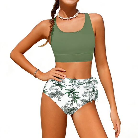 Tiijoy Girls' 2 Piece Swimsuits Tropical Print Bathing Suit Beachwear Swimwear, Sizes 7-18