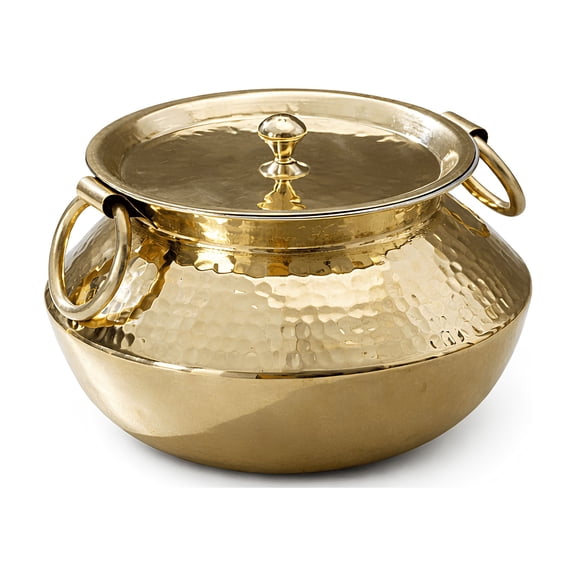 P•TAL Handcrafted Brass Patili with Lid (1.5L) – Indian Style Brass Soup Pot / Wok, Tin-Coated Interior (Kalai), Hammered Finish Traditional Brass Cooking Pot