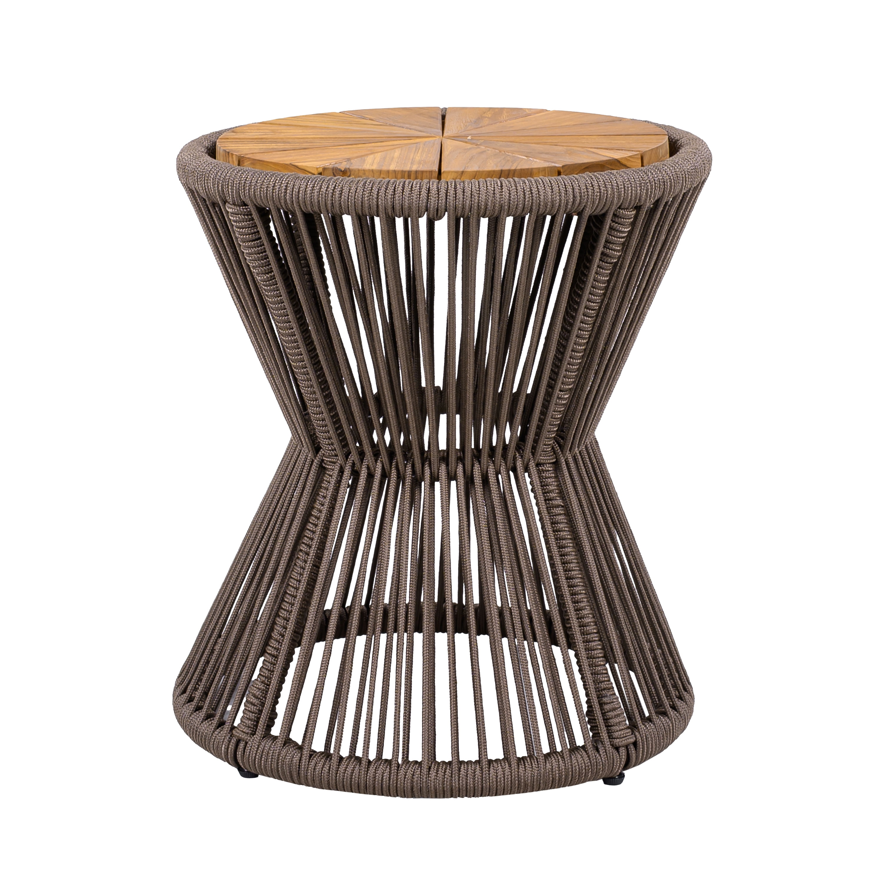 Side Table, Outdoor Dark Grey Rope and Acacia Wood Hourglass Design Table for Patio Deck, Teak