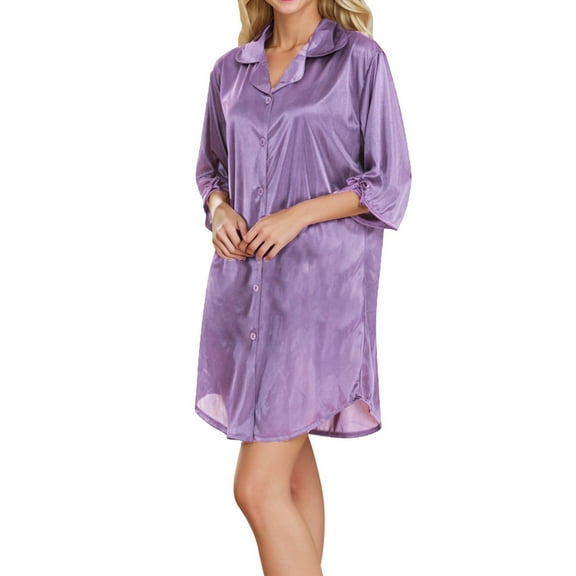 Hifoo Women's Sleepwear Solid Color Button Down Mid Sleeve Shirt Style Chiffon Cute And Nightgown Breathable Casual Home Lapel Loungewear