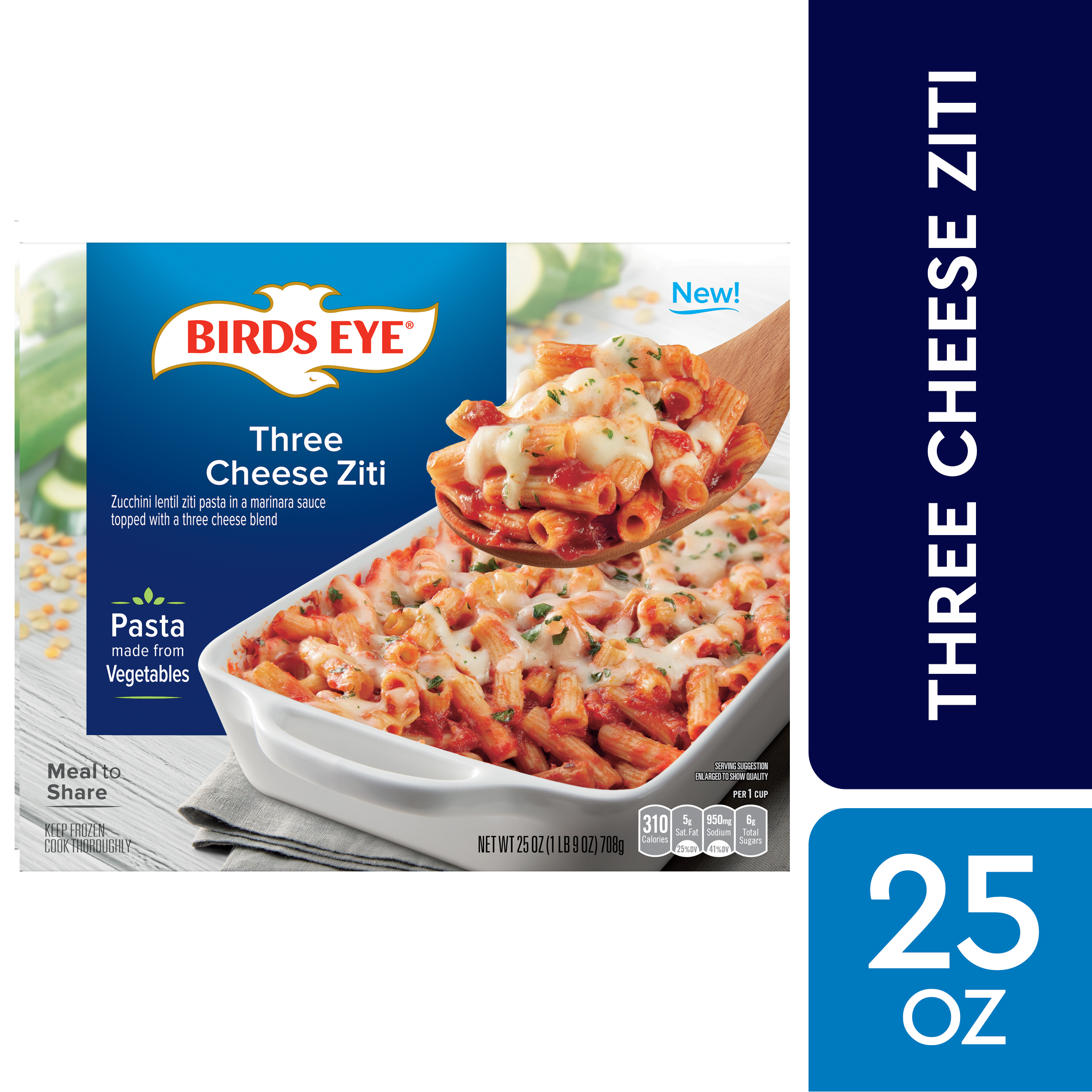Birds Eye Three Cheese Ziti, Multi Serve Frozen Meal, 25 OZ