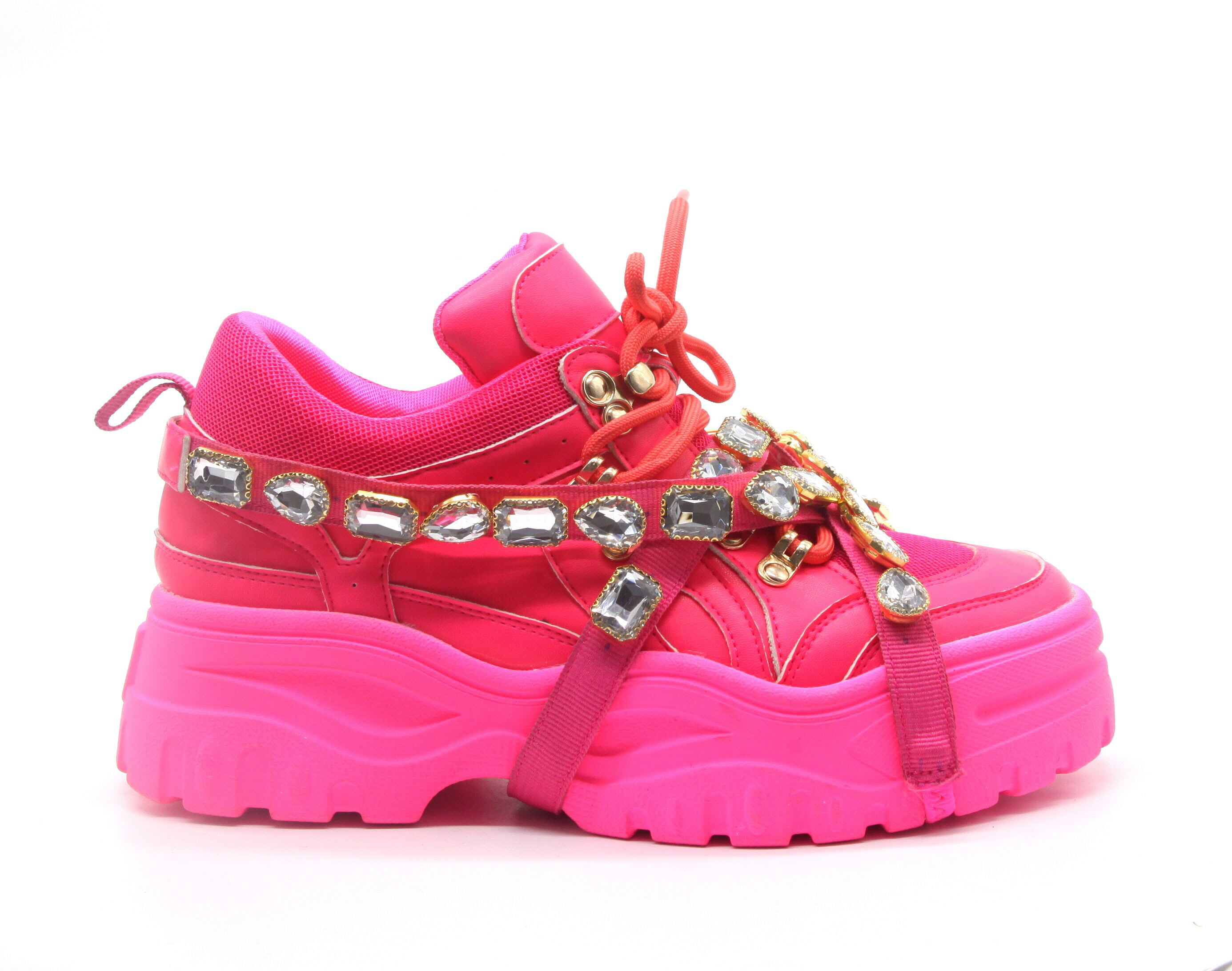 Cape Robbin CHUNK FEVER Pink Mesh Trim Jewel Straps Lug Sole Platform Sneaker