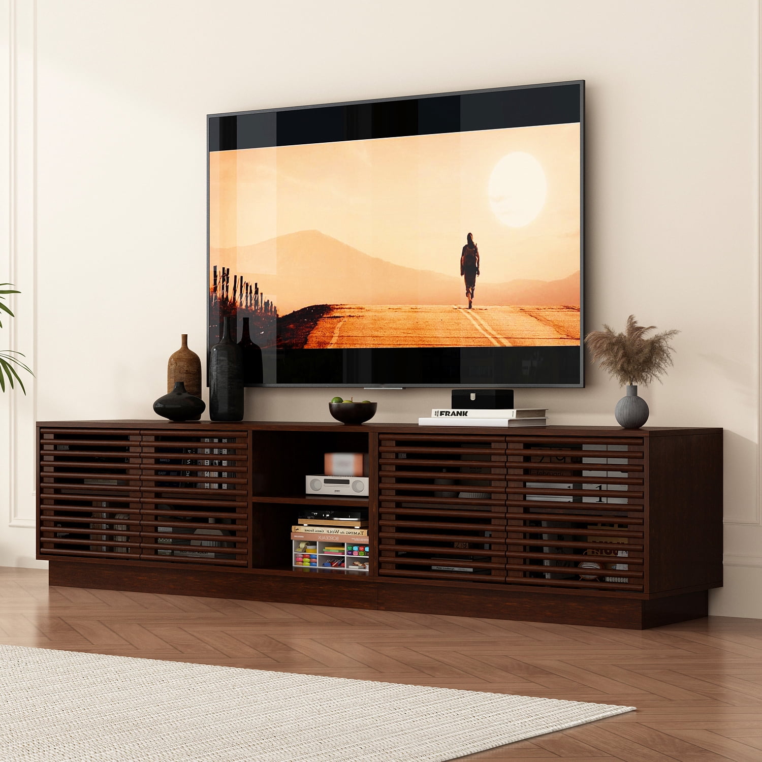 KULAGAGA TV Stand with Storage, 4 Louvered Door Entertainment