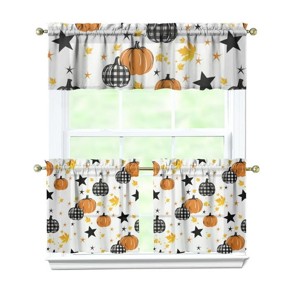 Set of 3 Thanksgiving Theme Kitchen Curtains - Pumpkin Pattern Fall Leaves Rustic Autumn Aesthetic Rod Pocket Window Panels