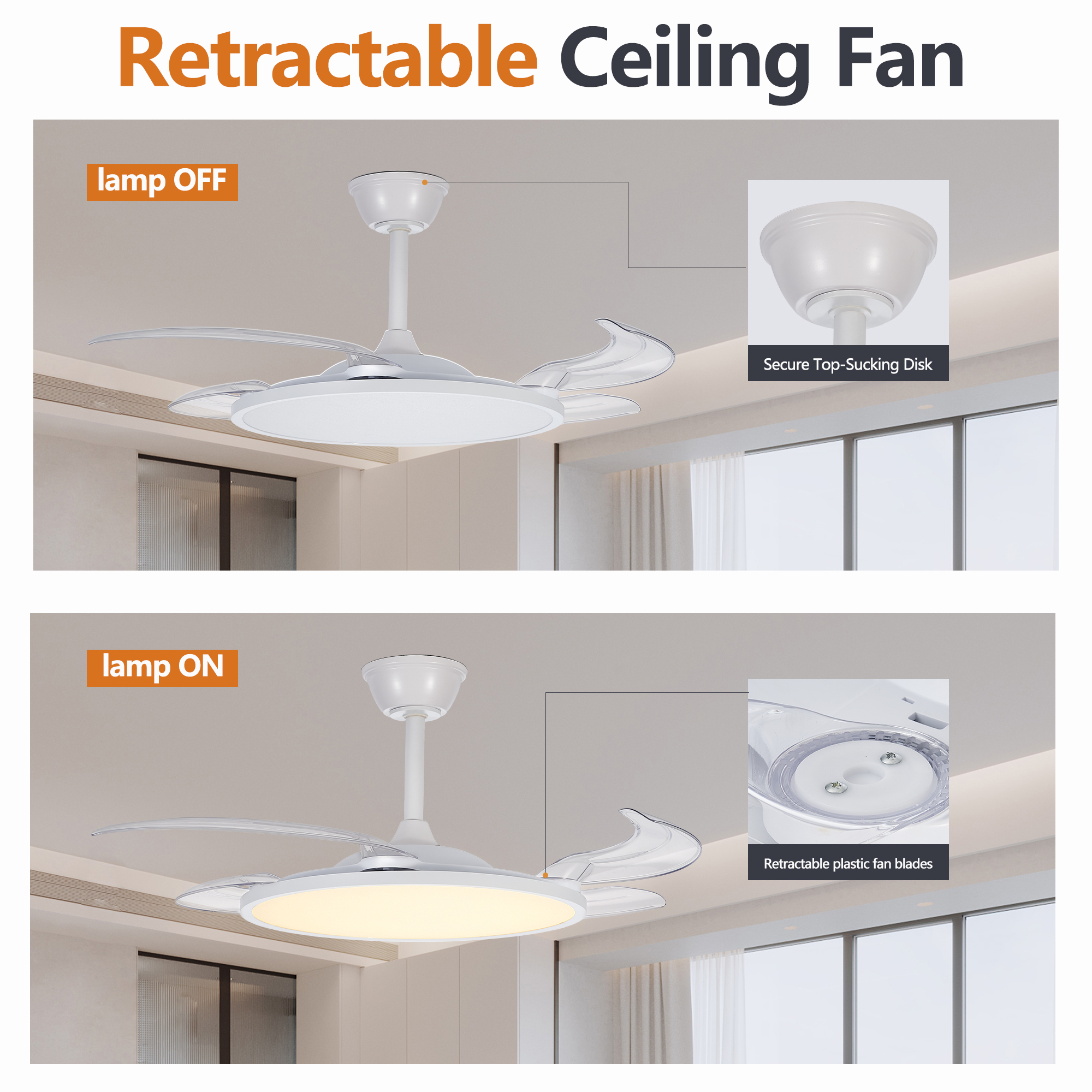 Leumius Retractable Ceiling Fans with Lights,42" Ceiling Fan with Light and Remote Control,Flush Mount,DC Reversible,3CCT,Low Noise,White Ceiling Fan for Bedroom,Living Room,Kitchen