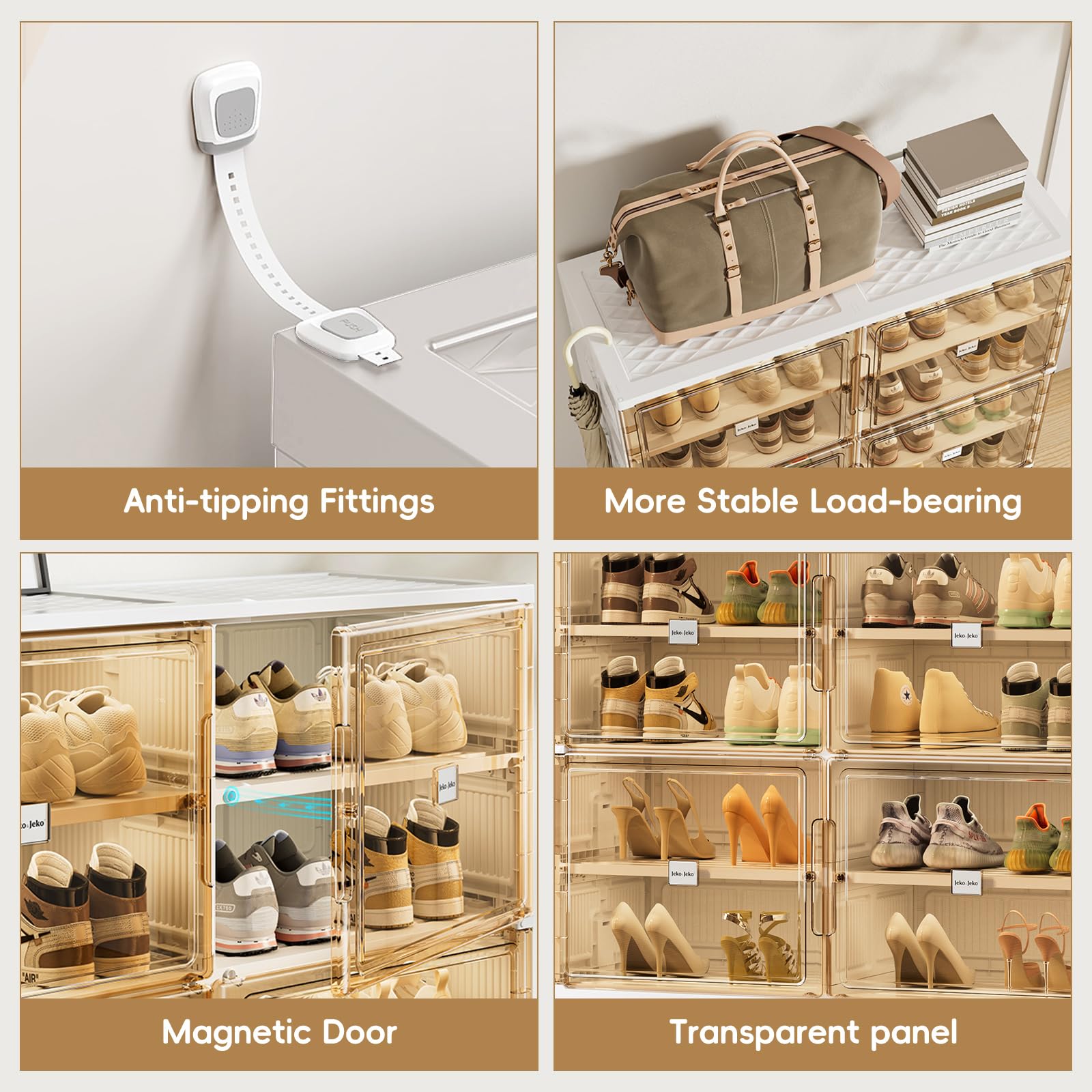 JEKO&JEKO 10-Tier Double Column Foldable Shoe Storage Rack with Magnetic Doors, White