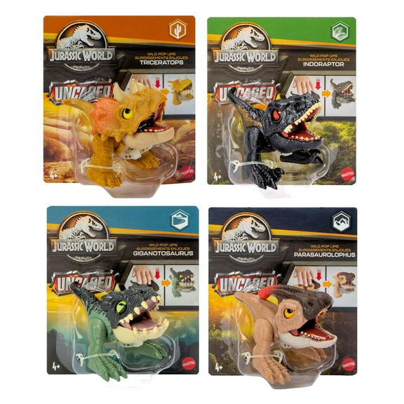 Jurassic World 2023 Wild Pop Ups Uncaged Set of 4 Figures (Triceratops, Indoraptor, Giganotosaurus, Parasaurolophus) from HJB51-956E Release