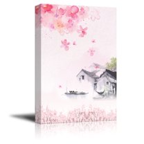 wall26 Canvas Wall Art - Traditional Chinese Style Painting of Pink Cherry Blossom and Birds in Spring - Giclee Print Gallery Wrap Modern Home Art Ready to Hang - 16x24 inches