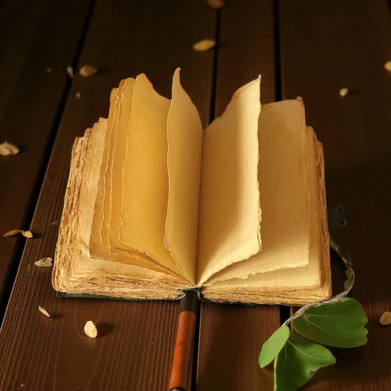 Handmade Green Leather Journal with Floral Embossing – 5x7 Inch Vintage Notebook, 200 Pages of Handmade Paper, Wrap Closure – Writing, Sketching & Gift Diary