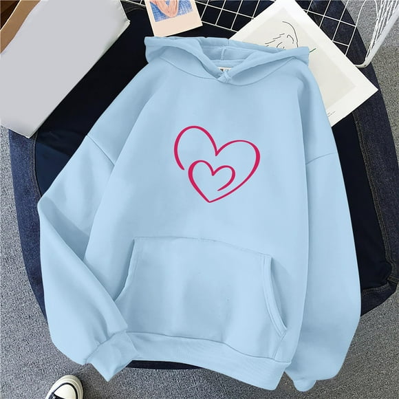 hcuribad Graphic Hoodies,2024 Hot Women's Loving Heart Printed Loose Autumn and Winter Warm Long Sleeve Hooded Sweatshirt,Oversized Hoodie,Essentials Hoodie,Winter Clothes,(On Sale) Sky Blue 3XL
