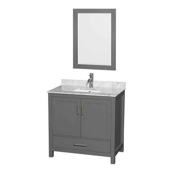Wyndham Collection Sheffield 36 Inch Single Bathroom Vanity in Dark Gray, White Carrara Marble Countertop, Undermount Square Sink, and 24 Inch Mirror