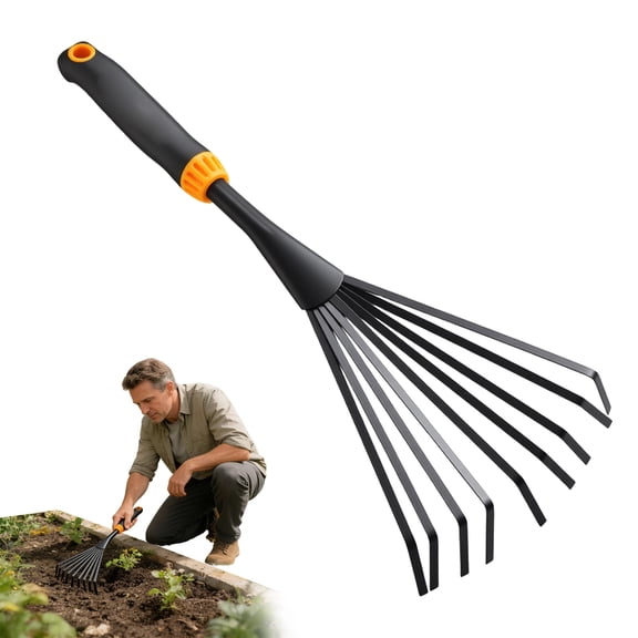 1 Pcs Metal Gardening Hand Rakes 15.8inch Cultivator Tools with ErgonomicHandle and 9Tines,Portable Short Handle Shrub Rake for Soil Loosening,Plantingand Spreading Mulch