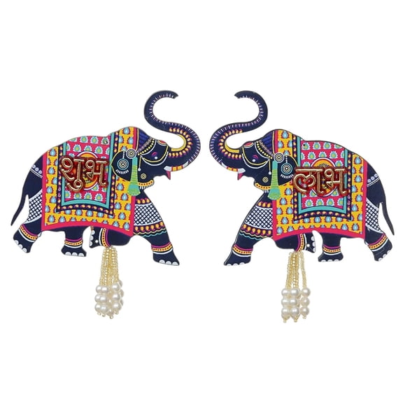 Indian store01 Wall Hanging, Set of 2, Elephant Shubh Labh Diwali Theme, Multicolor, 5.5 Inches