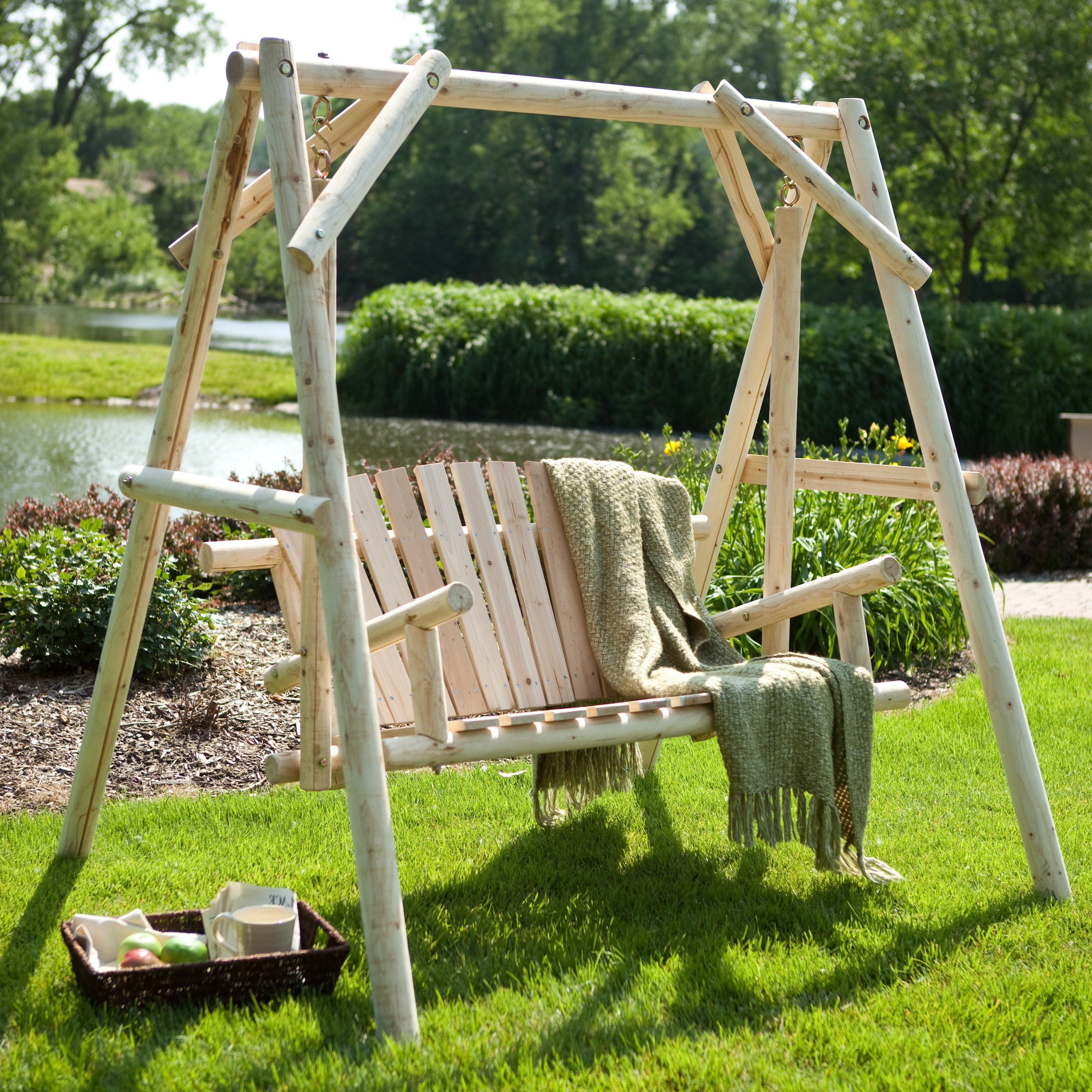 Coral Coast Rustic Natural Log Curved Back Porch Swing and A-Frame Set by
