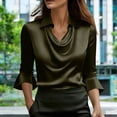 thumbnail image 2 of Tanghaowl Womens T Shirts, Fashion Satin Blouse with Asymmetrical Notched Lapel and Flared Sleeves for Everyday Casual Elegant Tunic Top Army Green XXL, 2 of 7