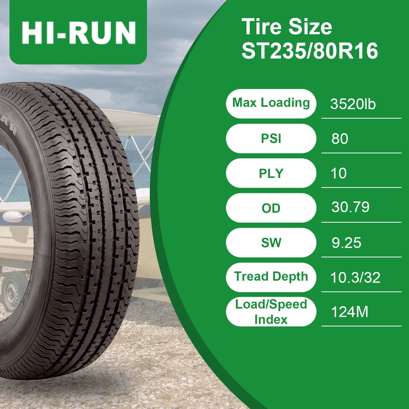 Hi-Run 2 Set ST100 ST235/80R16 10PR 124M Trailer Tire Fits 235/80/16, 235 80 16