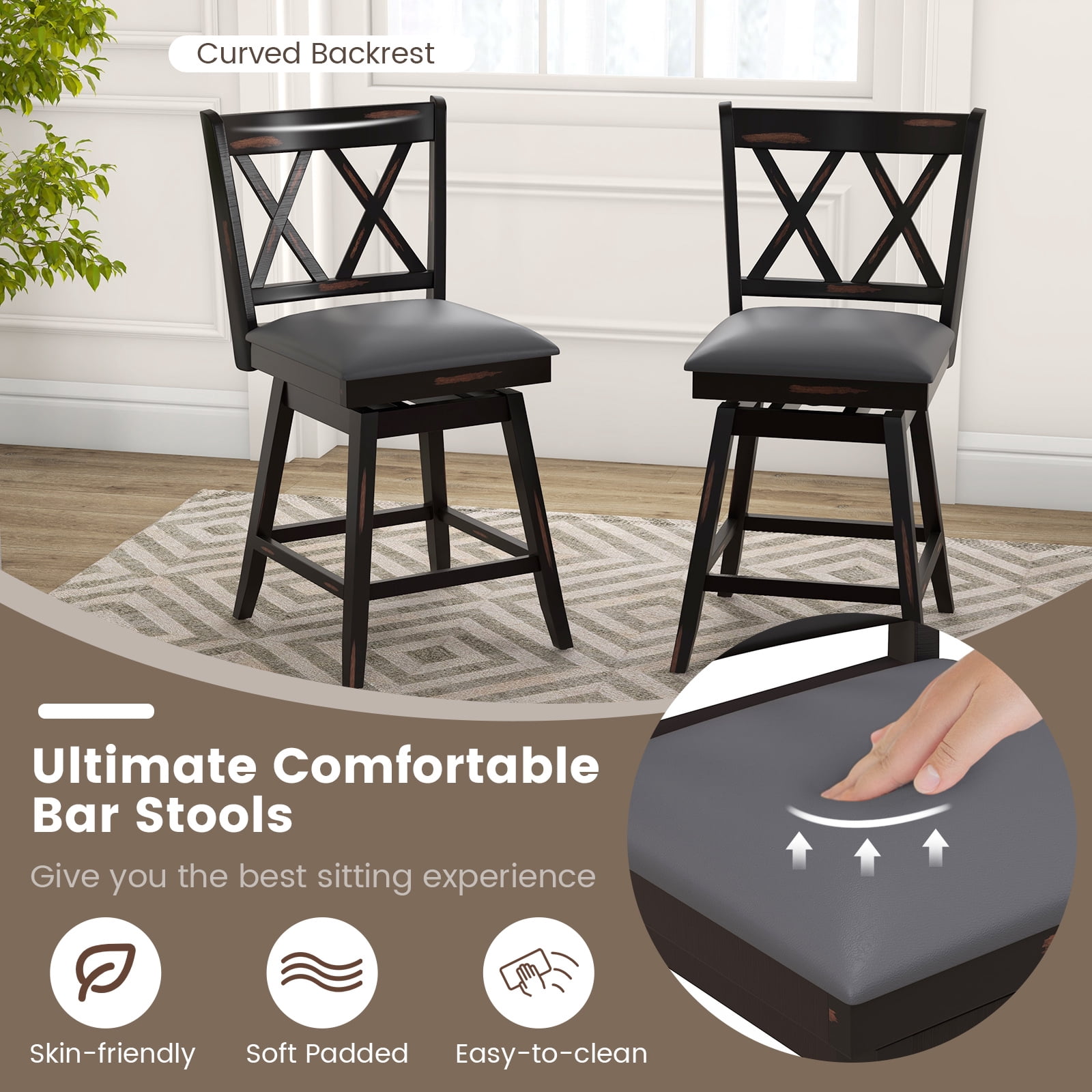 Costway 24" Bar Stools Set of 4 with Ergonomic Backrest Rubber Wood Legs Swivel Height Chairs Black, Gray