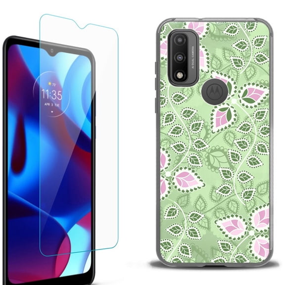 Slim-Fit Fashion Phone Case for Motorola Moto G Pure, with Tempered Glass Screen Protector, by OneToughShield ® - Leaf Pink Green